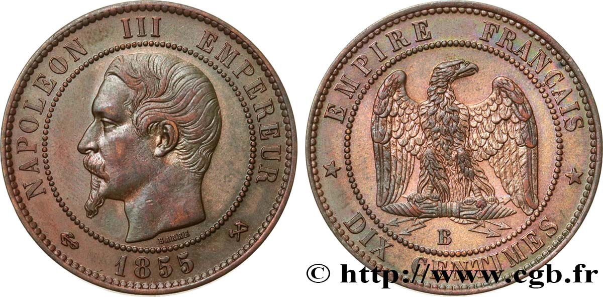 Dix centimes Napoléon III, tête nue 1855 Rouen F.133/22 VZ 