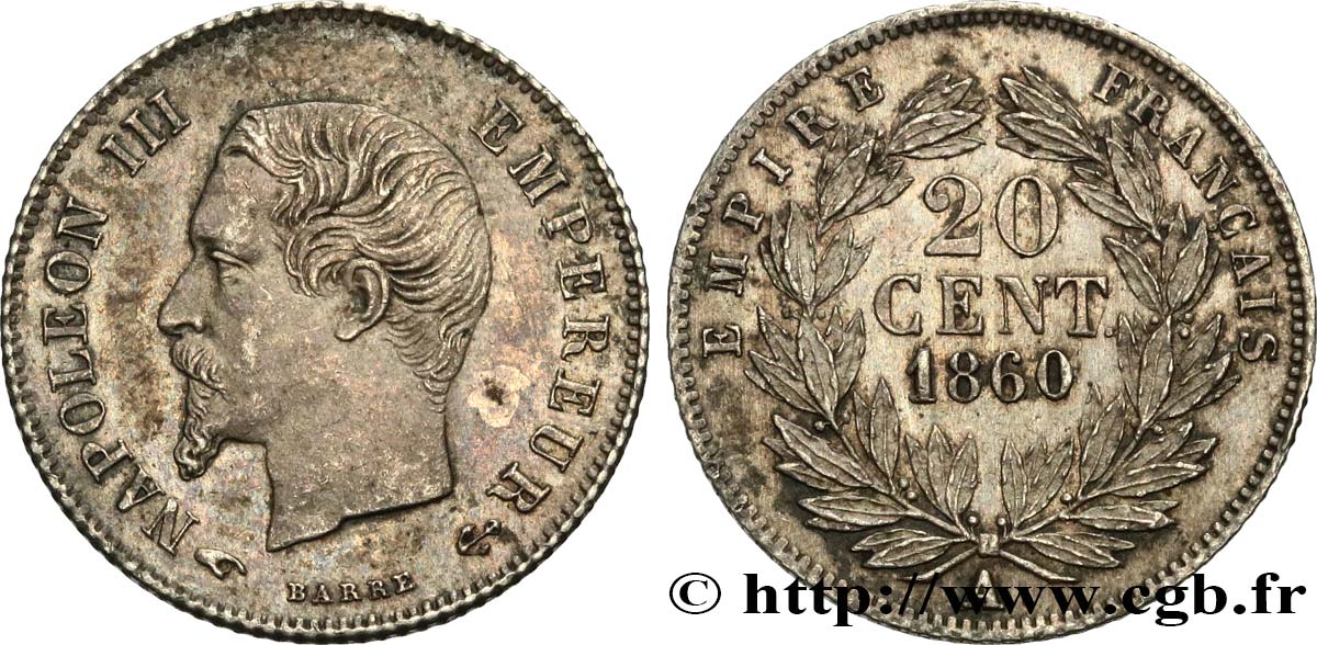 20 centimes Napoléon III, tête nue 1860 Paris F.148/14 AU50 