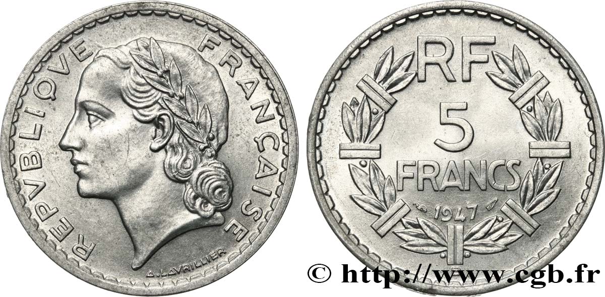 5 francs Lavrillier, aluminium 1947 Beaumont-Le-Roger F.339/11 EBC58 