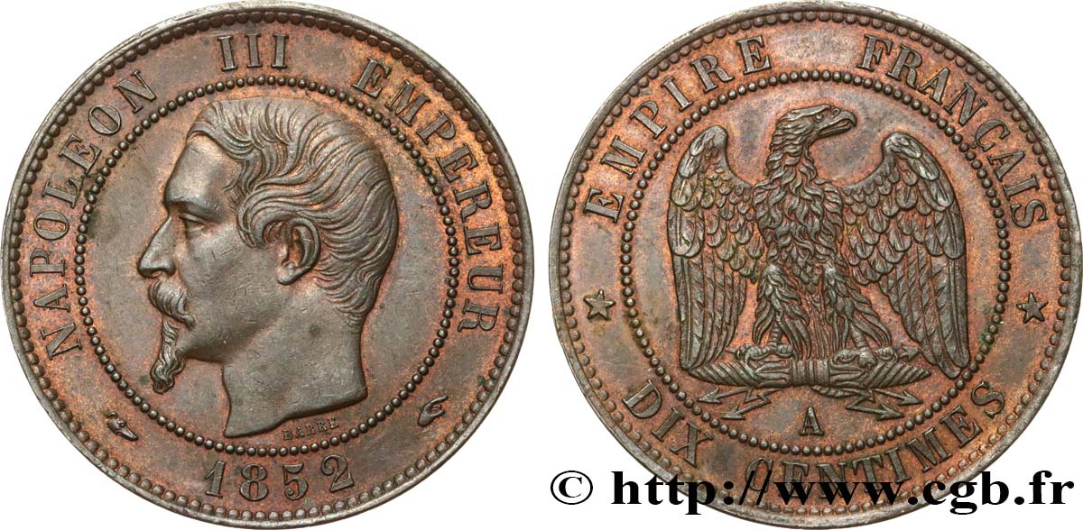 Dix centimes Napoléon III, tête nue 1852 Paris F.133/1 SUP58 