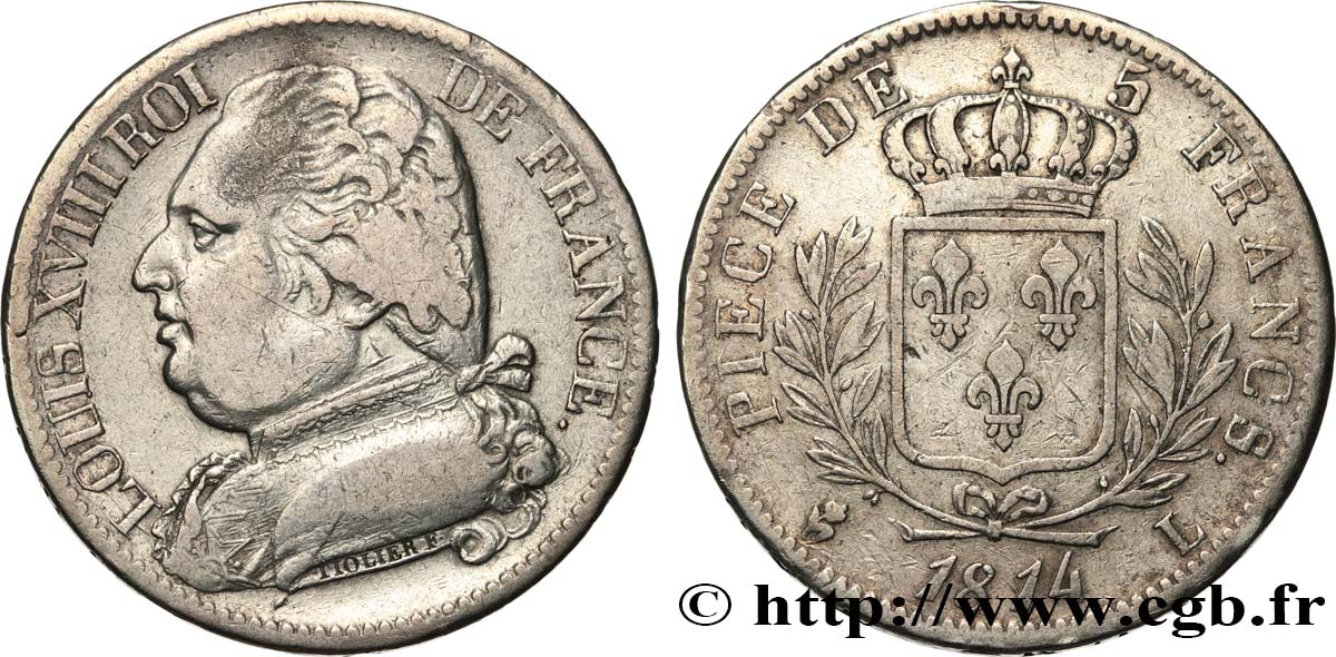 5 francs Louis XVIII, buste habillé 1814 Bayonne F.308/8 VF 