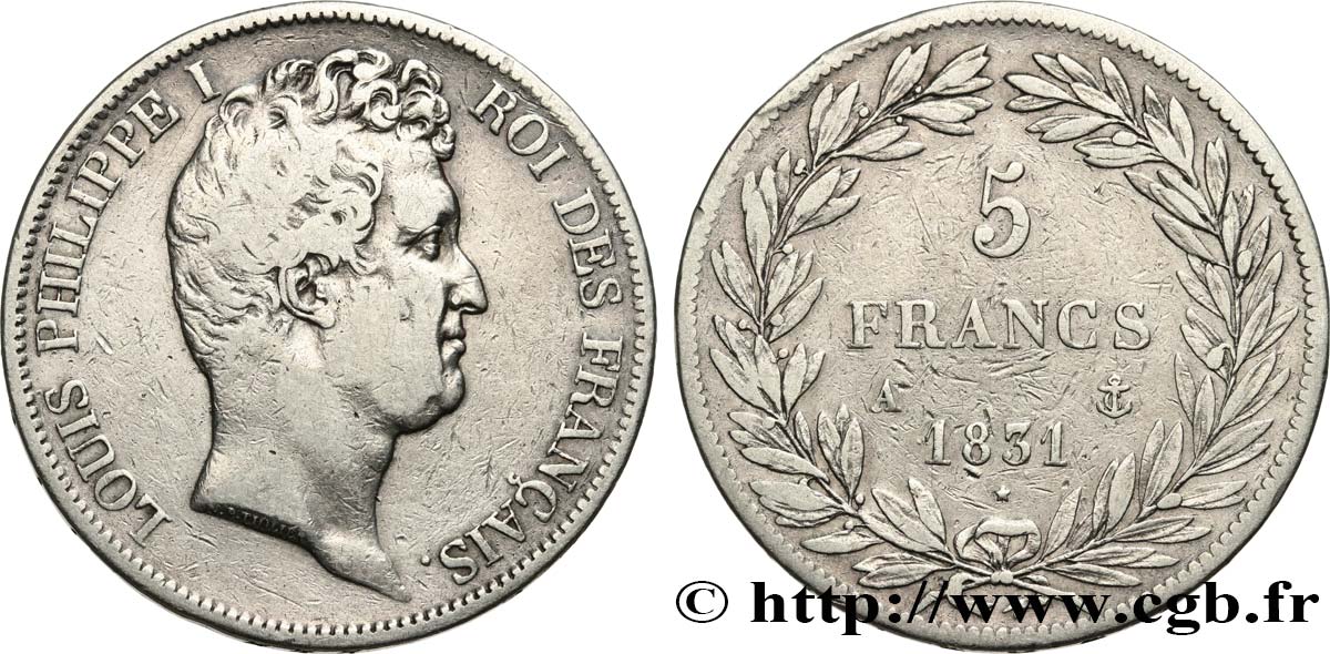 5 francs type Tiolier avec le I, tranche en creux 1831 Paris F.315/14 BC+ 