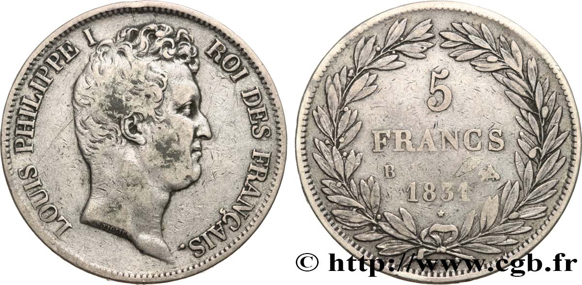 5 francs type Tiolier avec le I, tranche en creux 1831 Rouen F.315/15 MB 