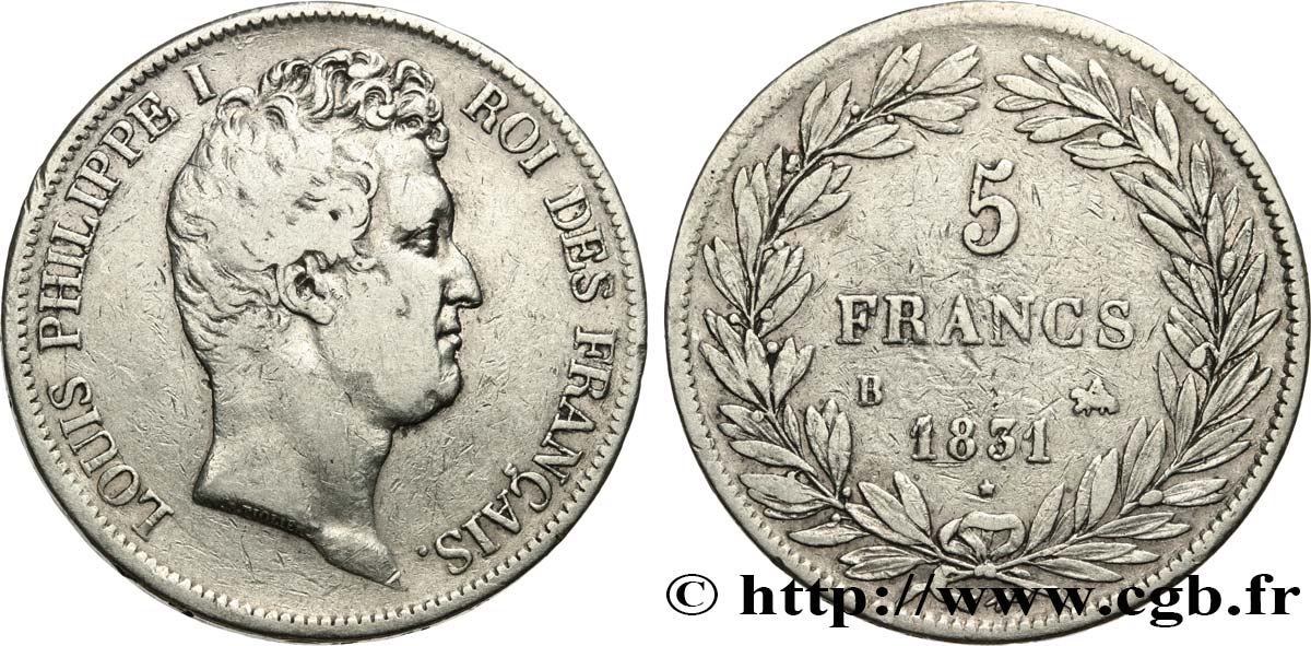 5 francs type Tiolier avec le I, tranche en creux 1831 Rouen F.315/15 VF 