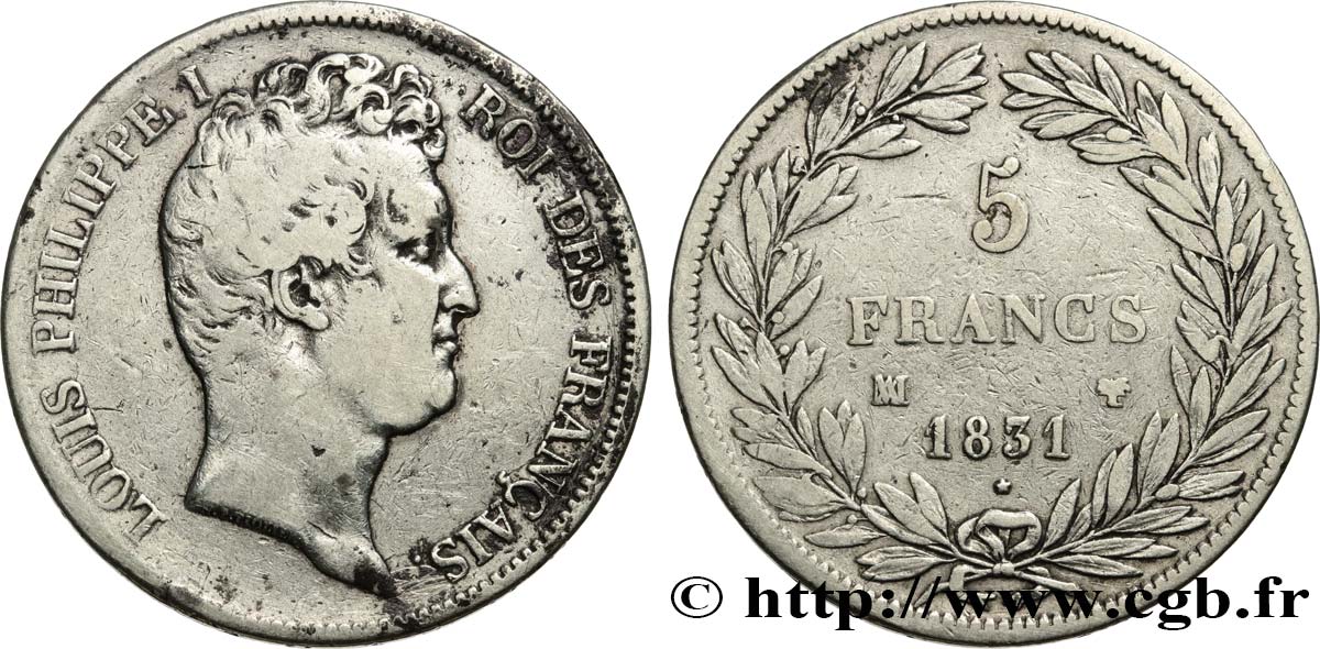 5 francs type Tiolier avec le I, tranche en creux 1831 Marseille F.315/23 MB 