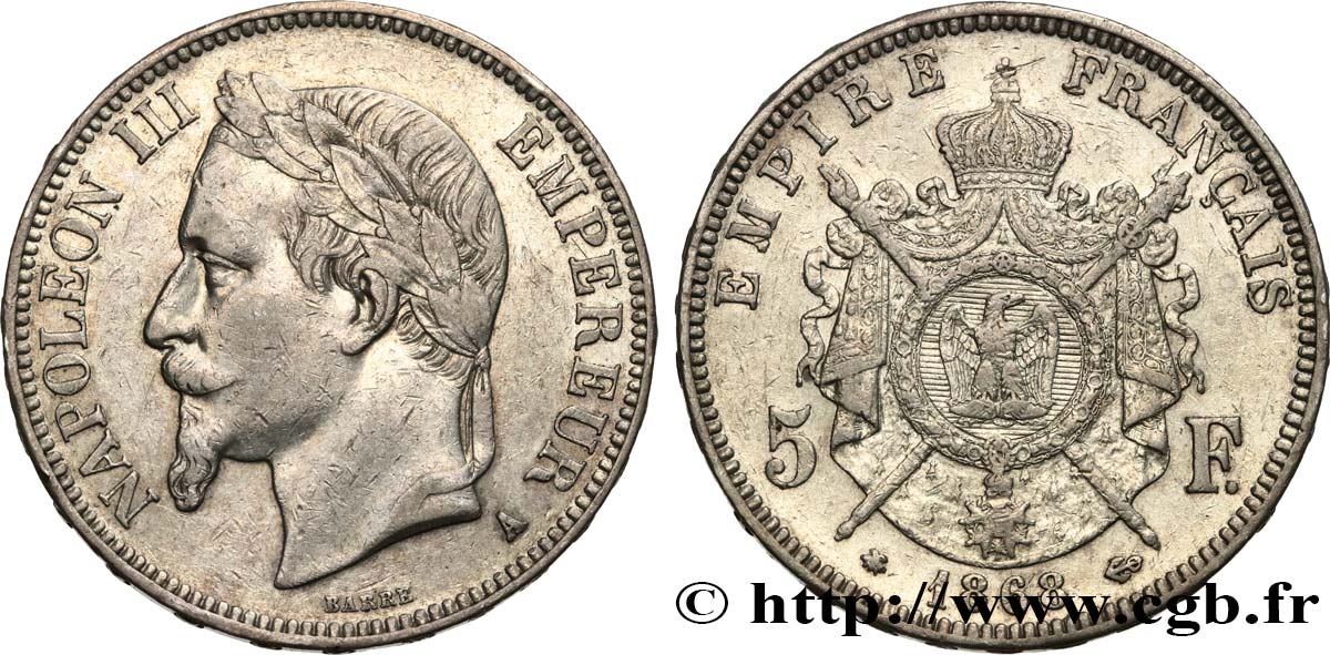 5 francs Napoléon III, tête laurée 1868 Paris F.331/12 TB+ 