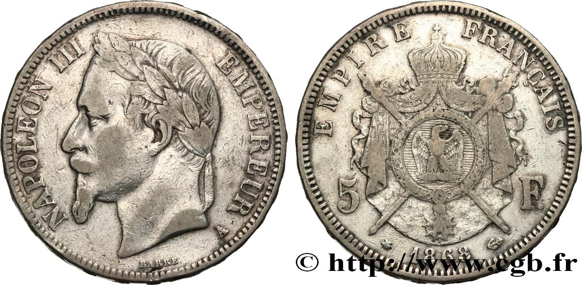5 francs Napoléon III, tête laurée 1868 Paris F.331/12 VF 
