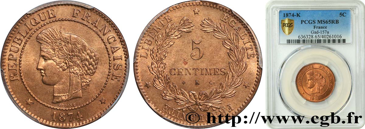 5 centimes Cérès 1874 Bordeaux F.118/10 ST65 PCGS
