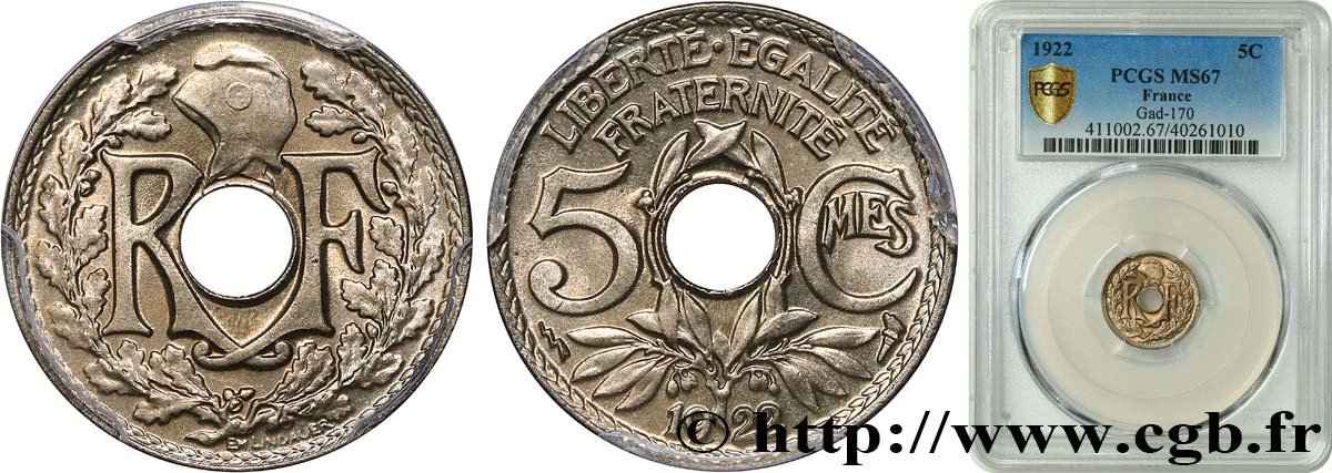 5 centimes Lindauer, petit module 1922 Poissy F.122/5 ST67 PCGS