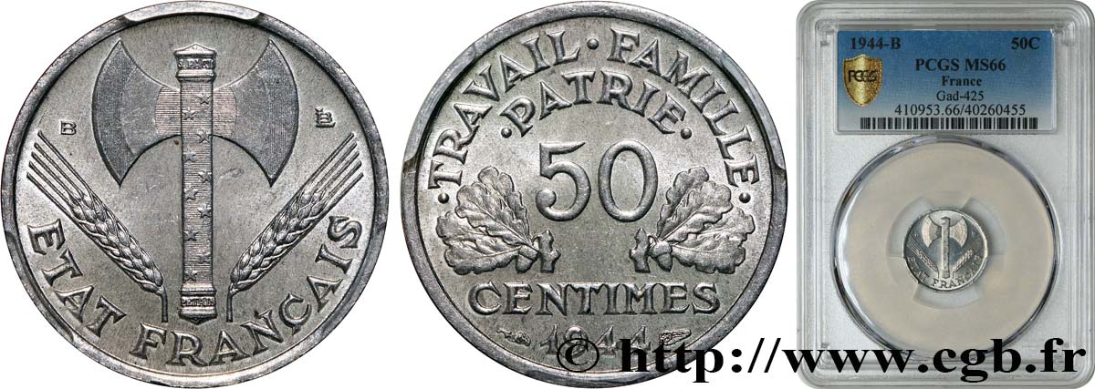 50 centimes Francisque, légère 1944 Beaumont-Le-Roger F.196/5 FDC66 PCGS