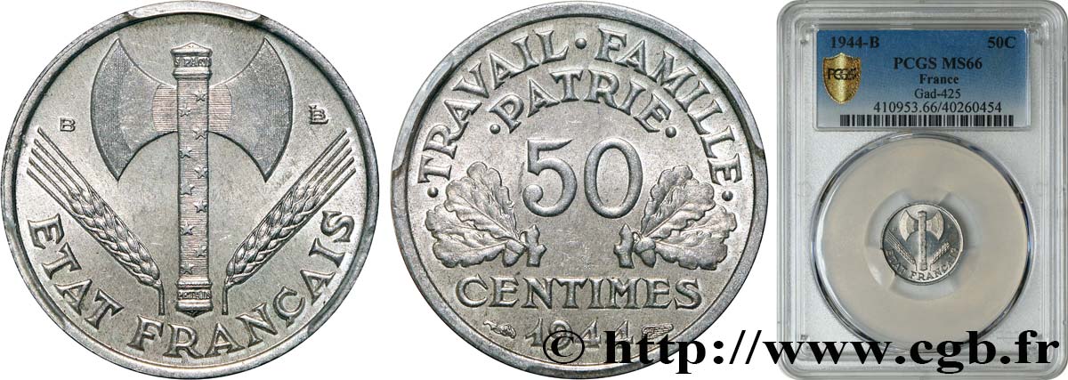 50 centimes Francisque, légère 1944 Beaumont-Le-Roger F.196/5 MS66 PCGS