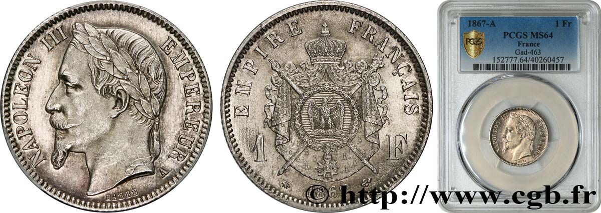 1 franc Napoléon III, tête laurée 1867 Paris F.215/6 MS64 PCGS