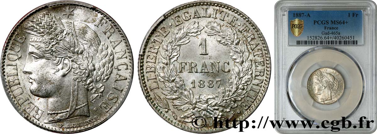 1 franc Cérès, IIIe République 1887 Paris F.216/9 fST64 PCGS