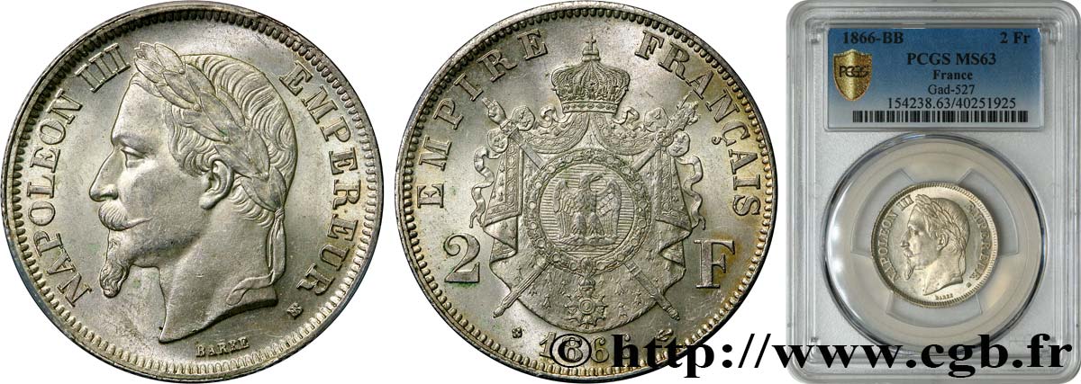 2 francs Napoléon III, tête laurée  1866 Strasbourg F.263/3 fST63 PCGS