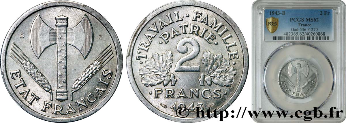 2 francs Francisque 1943 Beaumont-Le-Roger F.270/3 SUP62 PCGS