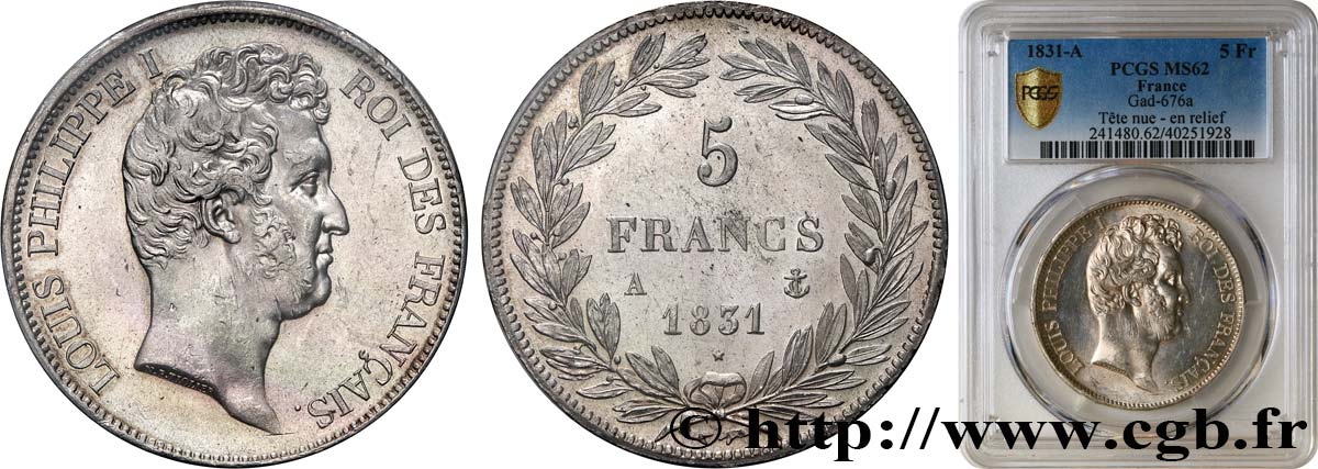 5 francs type Tiolier avec le I, tranche en relief 1831 Paris F.316/2 MS62 PCGS