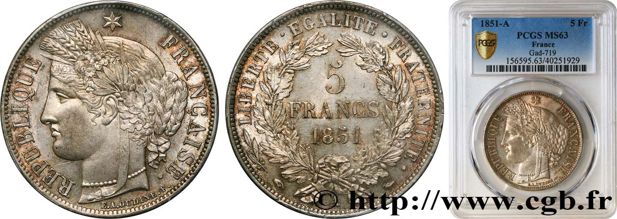 5 francs Cérès, IIe République 1851 Paris F.327/7 MS63 PCGS