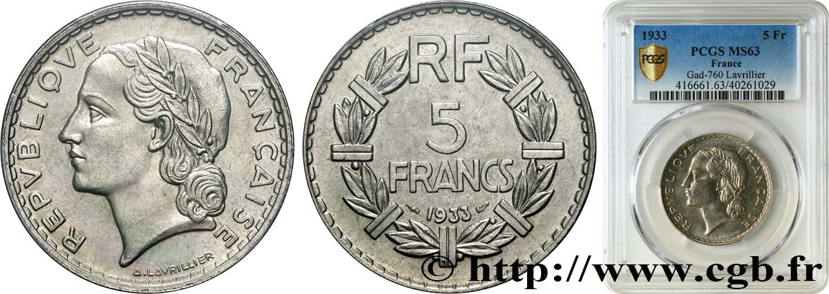 5 francs Lavrillier, nickel 1933  F.336/2 SPL63 PCGS