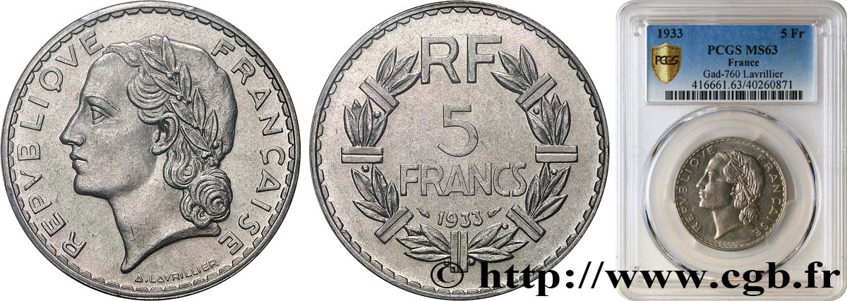 5 francs Lavrillier, nickel 1933  F.336/2 SPL63 PCGS