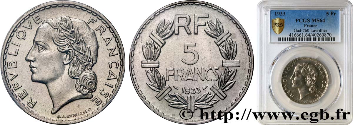 5 francs Lavrillier, nickel 1933  F.336/2 MS64 PCGS
