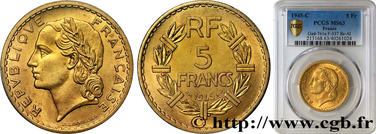 5 francs Lavrillier, bronze-aluminium 1945 Castelsarrasin F.337/6 SPL63 PCGS