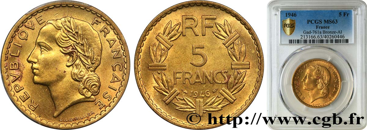5 francs Lavrillier, bronze-aluminium 1946  F.337/7 MS63 PCGS