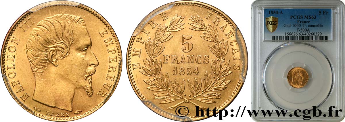 5 francs or Napoléon III, tête nue, petit module, tranche cannelée 1854 Paris F.500A/1 SPL63 PCGS