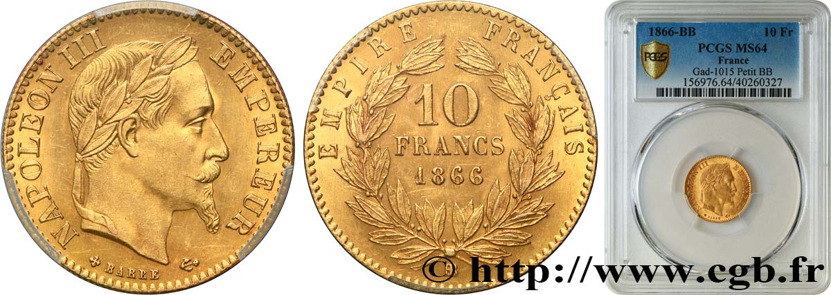 10 francs or Napoléon III, tête laurée 1866 Strasbourg F.507A/13 SPL64 PCGS