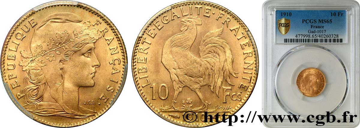 10 francs or Coq 1910 Paris F.509/11 FDC65 PCGS