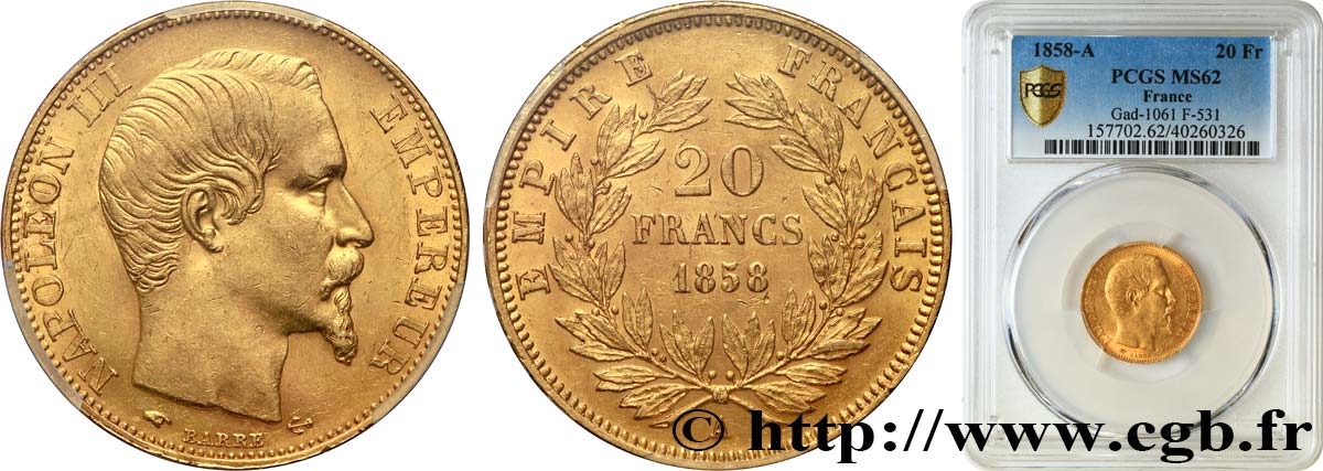 20 francs or Napoléon III, tête nue 1858 Paris F.531/13 SUP62 PCGS