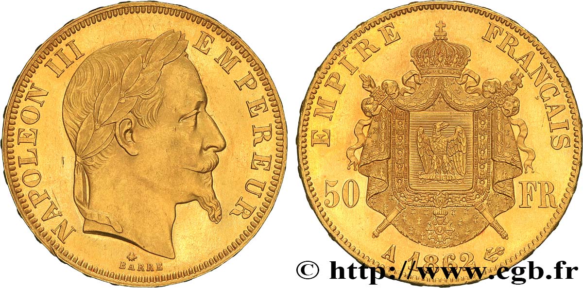 50 francs or Napoléon III, tête laurée 1862 Paris F.548/1 SUP 