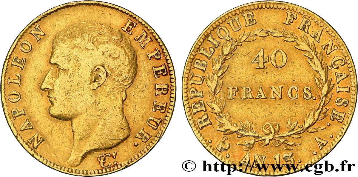 40 francs or Napoléon tête nue, Calendrier révolutionnaire 1805 Paris F.537/1 q.BB 