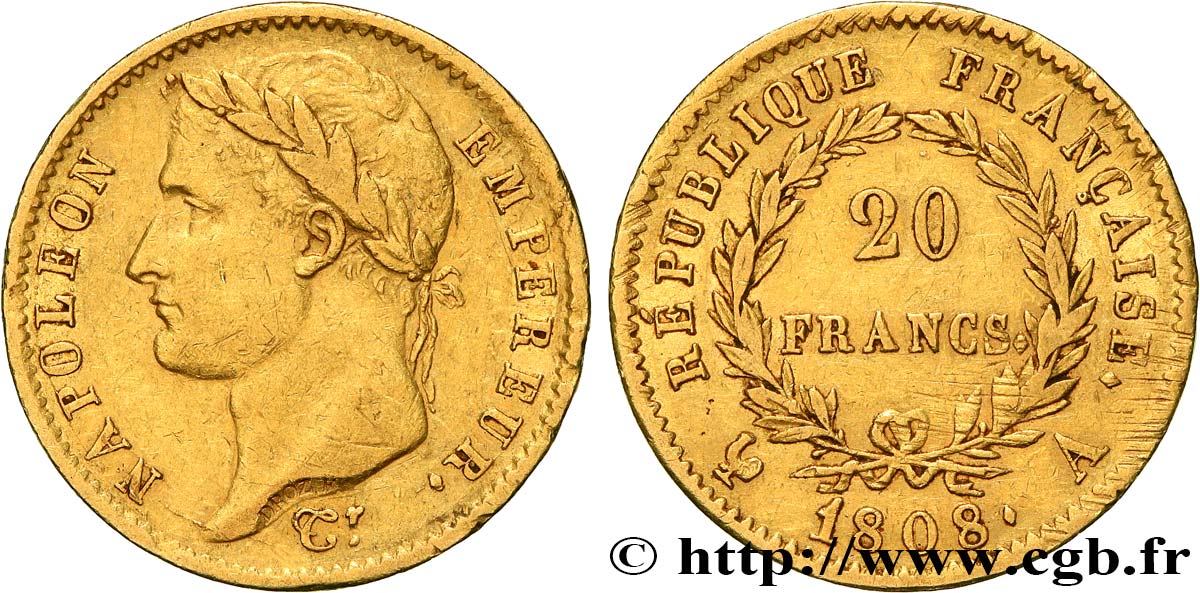 20 francs or Napoléon tête laurée, République française 1808 Paris F.515/2 TTB 