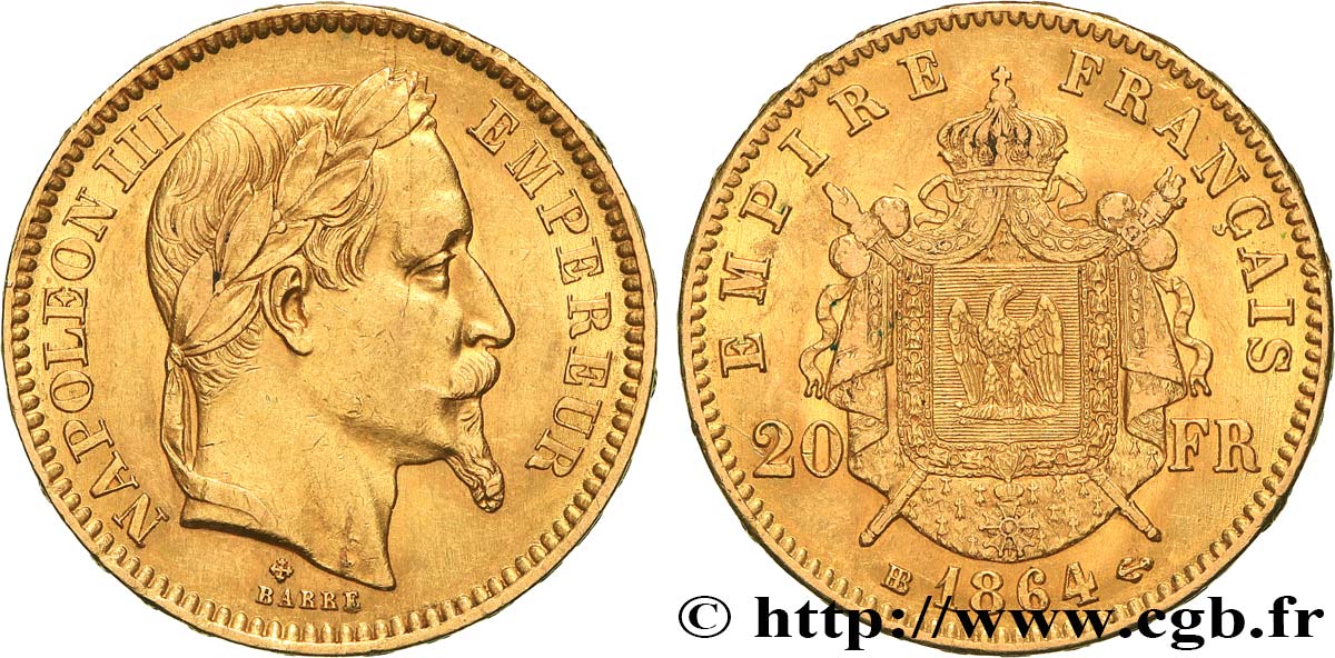 20 francs or Napoléon III, tête laurée 1864 Strasbourg F.532/9 XF 