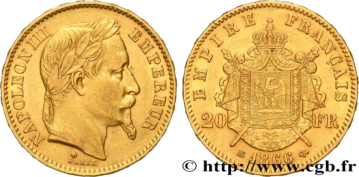 20 francs or Napoléon III, tête laurée 1866 Strasbourg F.532/14 BB 