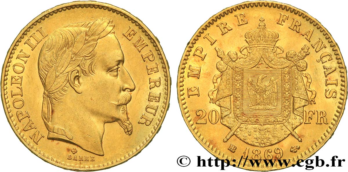 20 francs or Napoléon III, tête laurée, petit BB 1869 Strasbourg F.532/21 XF45 