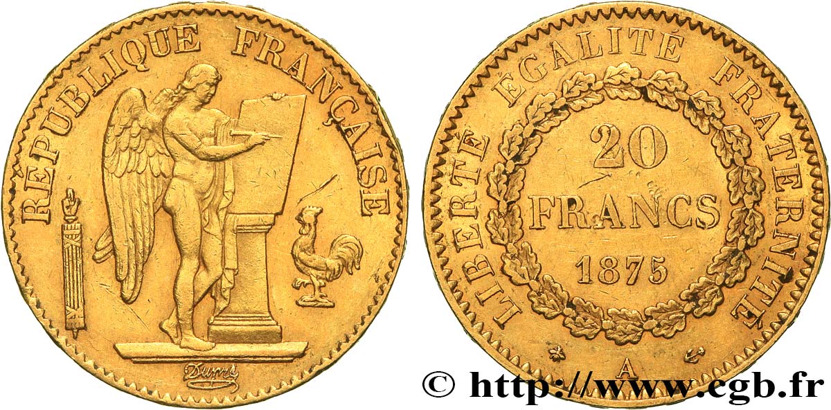 20 francs or Génie, Troisième République 1875 Paris F.533/3 MBC 
