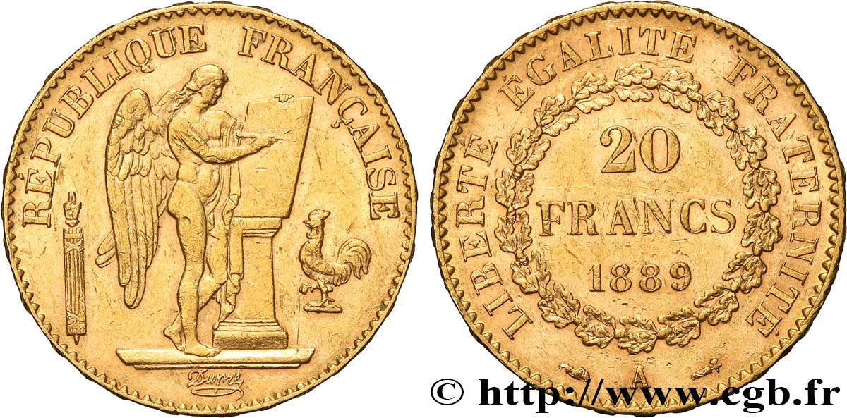 20 francs or Génie, Troisième République 1889 Paris F.533/12 MBC+ 