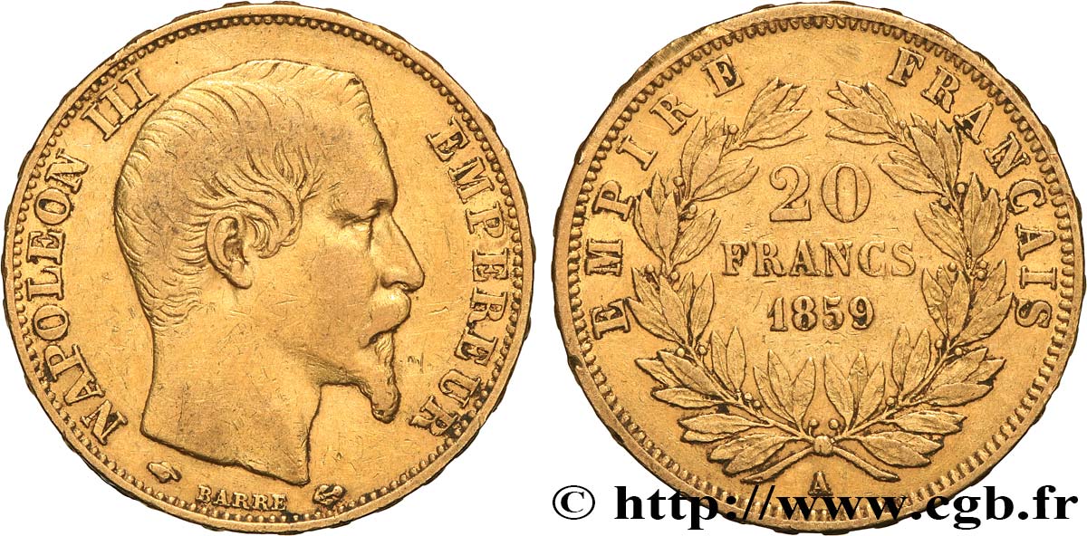 20 francs or Napoléon III, tête nue 1859 Paris F.531/15 fSS 