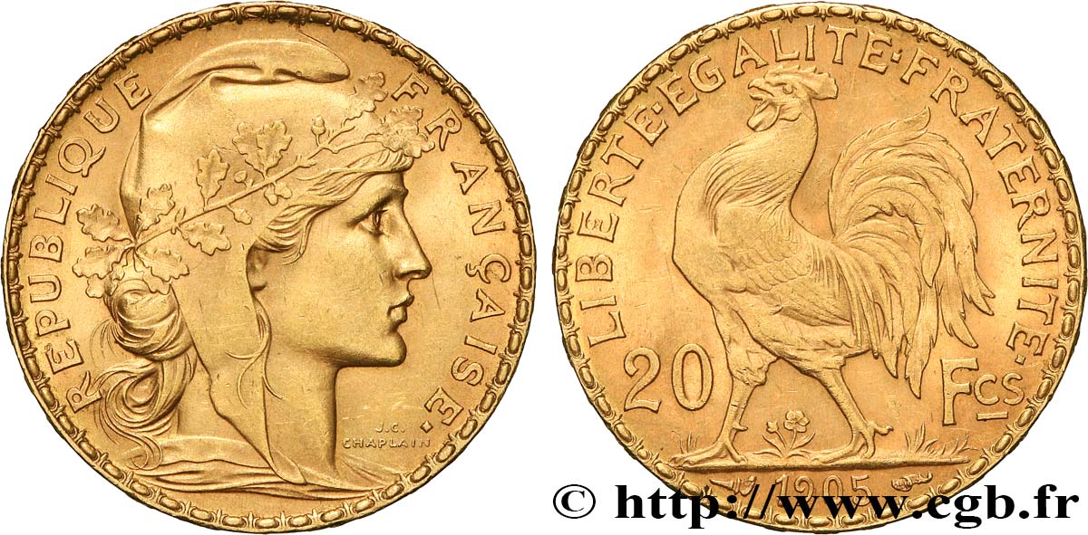 20 francs or Coq, Dieu protège la France 1905 Paris F.534/10 SPL 