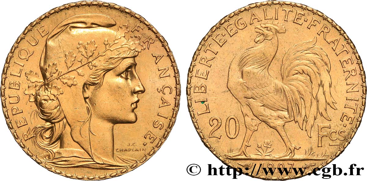 20 francs or Coq, Liberté Égalité Fraternité 1907 Paris F.535/1 SUP 