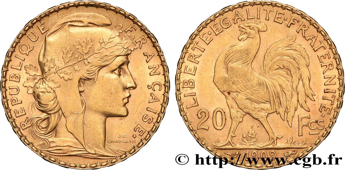 20 francs or Coq, Liberté Égalité Fraternité 1909 Paris F.535/3 EBC 