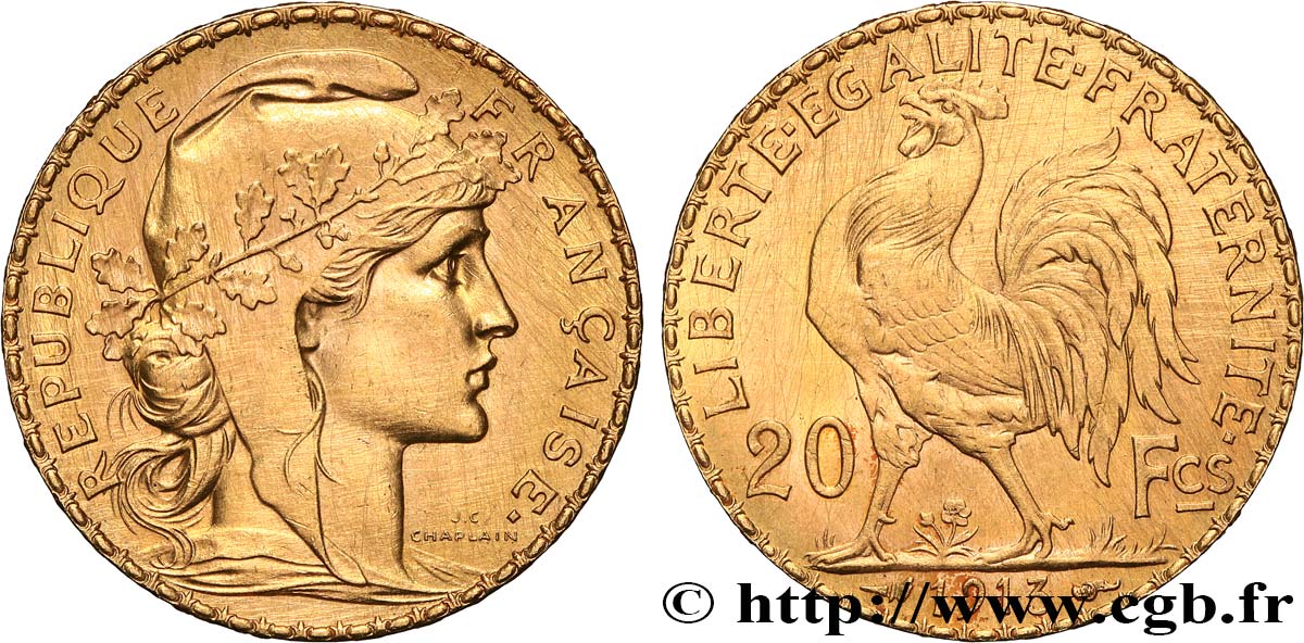 20 francs or Coq, Liberté Égalité Fraternité 1913 Paris F.535/7 EBC+ 