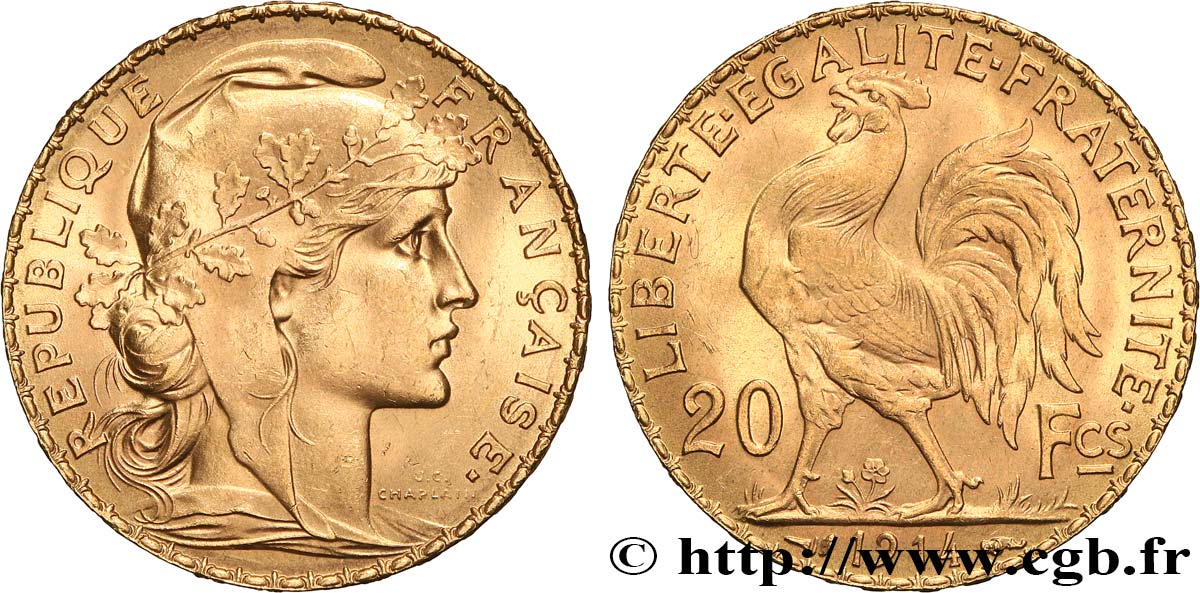 20 francs or Coq, Liberté Égalité Fraternité 1914 Paris F.535/8 MS 