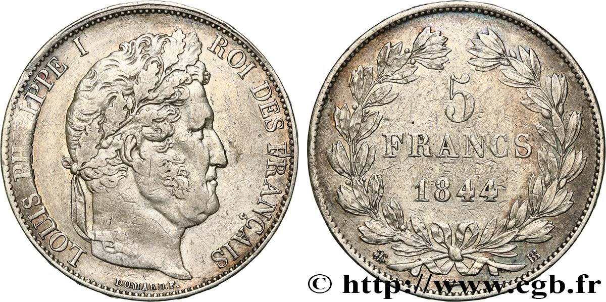 5 francs IIIe type Domard, fautée 1844 Strasbourg F.325/3 XF 