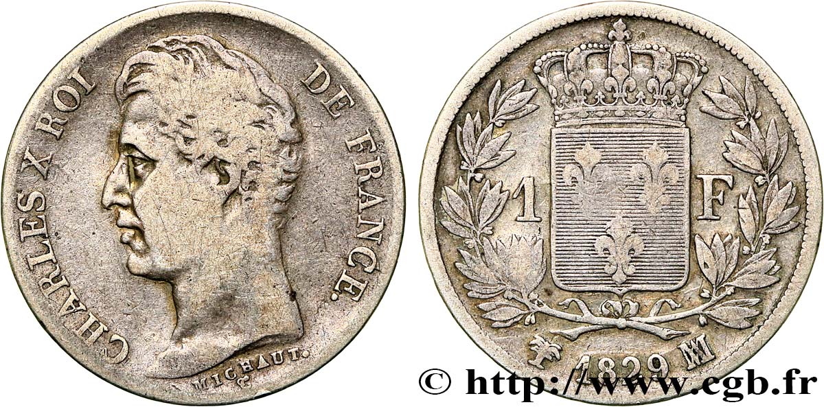 1 franc Charles X, matrice du revers à quatre feuilles 1829 Marseille F.207A/22 BC25 