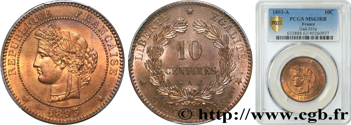 10 centimes Cérès 1893 Paris F.135/38 SPL63 PCGS