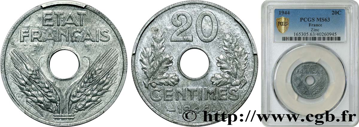 20 centimes État français, légère 1944  F.153A/2 MS63 PCGS