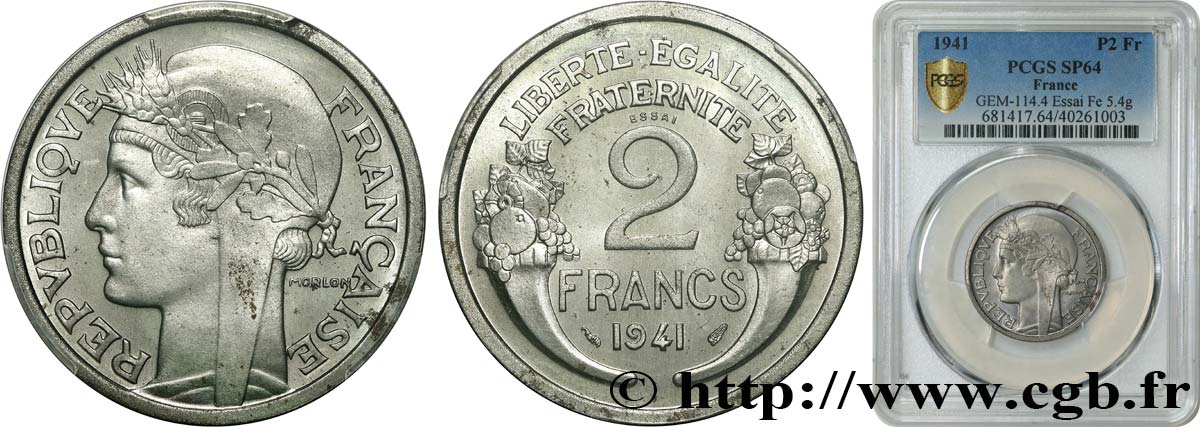 Essai en fer de 2 francs Morlon, flan épais 1941 Paris GEM.114 4 MS64 PCGS