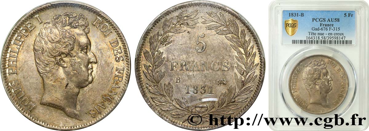 5 francs type Tiolier avec le I, tranche en creux 1831 Rouen F.315/15 AU58 PCGS